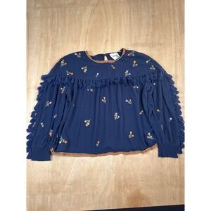 Savanna Jane Women's Navy Blue Embroidered Tassel Blouse  Boho‎ Festival Size M